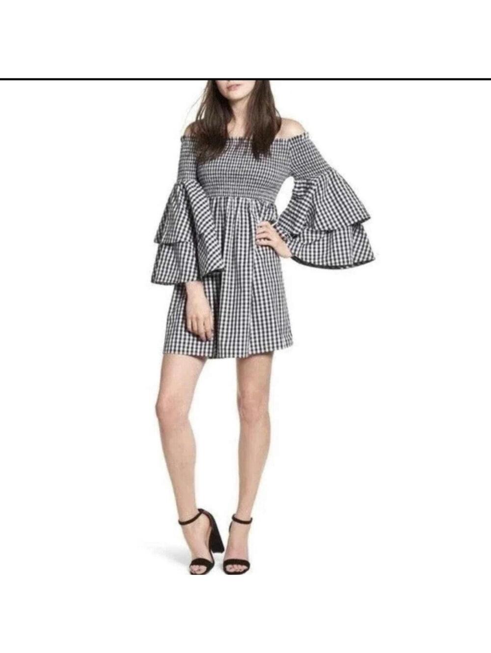 BP Smocked Off The Shoulder Bell Sleeve Lexi Gingham Mini Cottage Dress SM